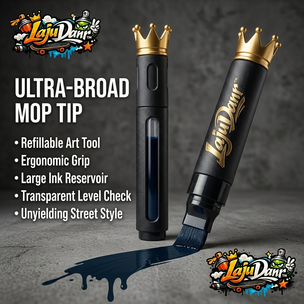 LajuDanr™ Ultra-Broad Mop Tip Graffiti Marker - Refillable Street Art Pen with Large Ink Reservoir, Transparent Level Window & Ergonomic Textured Grip - Premium Drip Marker for Murals, Calligraphy, and Poster Painting