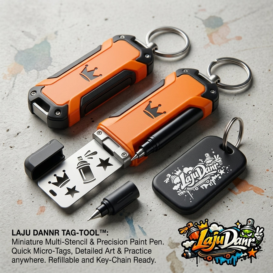 LajuDanr™ Miniature Graffiti Tag Tool & Precision Paint Pen EDC Keychain - Pocket Multi-Stencil Kit, Refillable Fine-Tip Acrylic Paint Marker for Street Art, Writing, Sketching & Micro-Tags