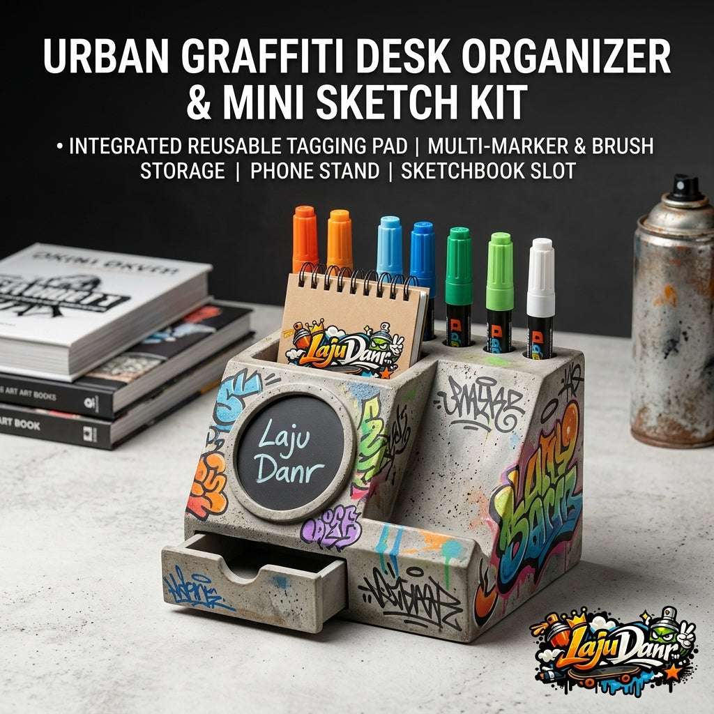 LajuDanr™ Urban Graffiti Desk Organizer & Mini Sketch Kit – Concrete Style Pen Holder with Reusable Tagging Pad, Phone Stand, Storage Drawer & Sketchbook Slot | Creative Street Art Office Decor & Gift for Artists and Teens