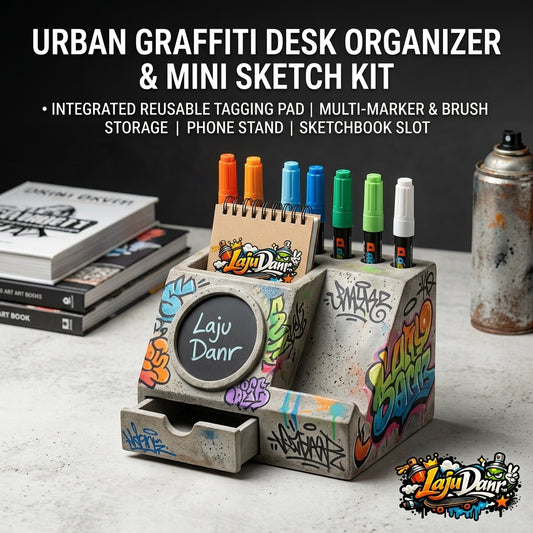 LajuDanr™ Urban Graffiti Desk Organizer & Mini Sketch Kit – Concrete Style Pen Holder with Reusable Tagging Pad, Phone Stand, Storage Drawer & Sketchbook Slot | Creative Street Art Office Decor & Gift for Artists and Teens
