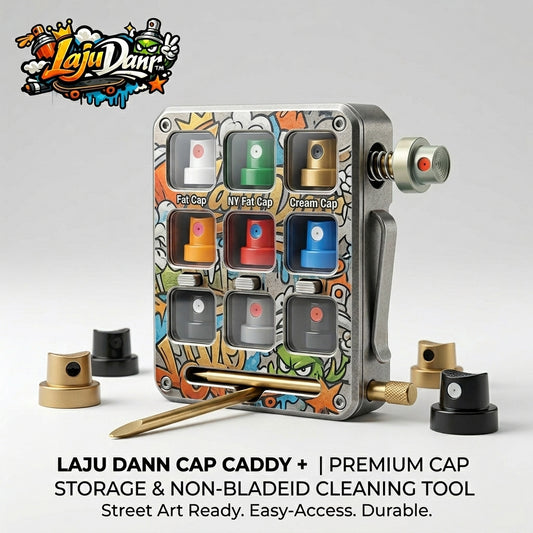 LajuDanr™ Graffiti Spray Paint Cap Caddy & Cleaning Tool | Premium Nozzle Organizer Case with Belt Clip | Portable EDC Storage Box for Fat Caps, NY Fat, Cream Caps | Non-Bladed Paint Clog Remover for Street Artists & Muralists