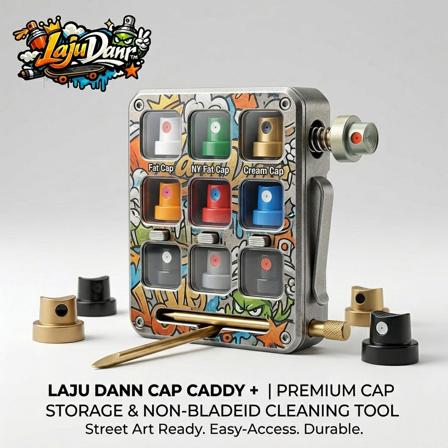 LajuDanr™ Graffiti Spray Paint Cap Caddy & Cleaning Tool | Premium Nozzle Organizer Case with Belt Clip | Portable EDC Storage Box for Fat Caps, NY Fat, Cream Caps | Non-Bladed Paint Clog Remover for Street Artists & Muralists