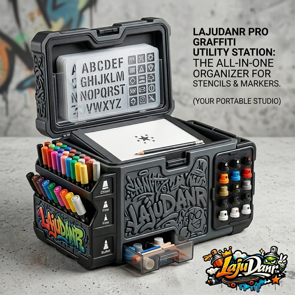 LajuDanr™ Pro Graffiti Utility Station | All-in-One Portable Art Supply Organizer Case with Marker Holder, Spray Paint Cap Dock, Stencil Storage & Integrated Sketch Deck | Mobile Street Art Studio Box