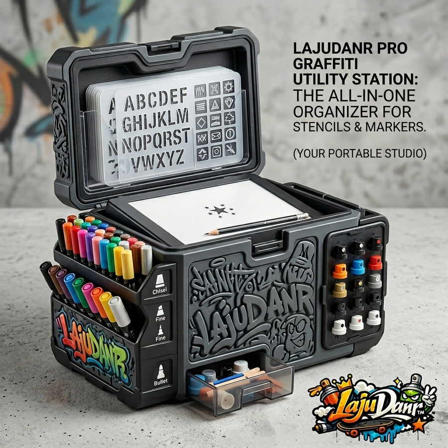 LajuDanr™ Pro Graffiti Utility Station | All-in-One Portable Art Supply Organizer Case with Marker Holder, Spray Paint Cap Dock, Stencil Storage & Integrated Sketch Deck | Mobile Street Art Studio Box