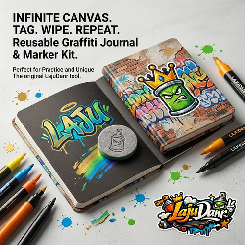 LajuDanr™ Reusable Graffiti Journal and Marker Kit - Infinite Canvas Erasable Sketchbook with Liquid Paint Pens & Felt Eraser, Black Page Street Art Lettering & Tagging Practice Book for Kids, Teens, and Artists