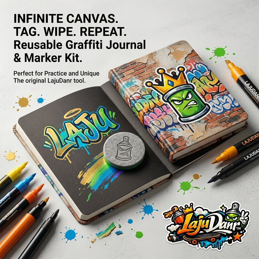 LajuDanr™ Reusable Graffiti Journal and Marker Kit - Infinite Canvas Erasable Sketchbook with Liquid Paint Pens & Felt Eraser, Black Page Street Art Lettering & Tagging Practice Book for Kids, Teens, and Artists